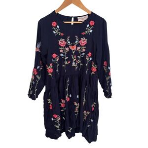 Philosophy Womens Dress Petite Sz S Navy Blue Embroidered Floral Boho Babydoll